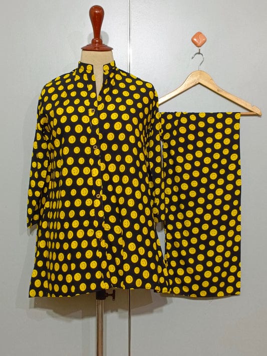 Smiley Print Cotton 2-Piece Kurti Set – Black & Yellow Vibe